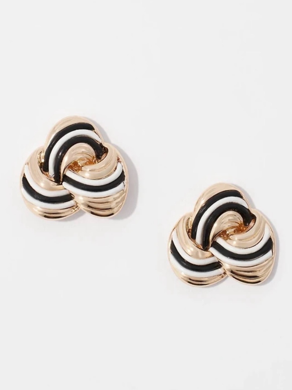 Gold Knot Stud Earrings with Black and White Enamel